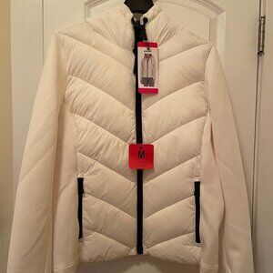 NWT! Women's DKNY Mixed Media Hooded Puffer Jacket - M, White